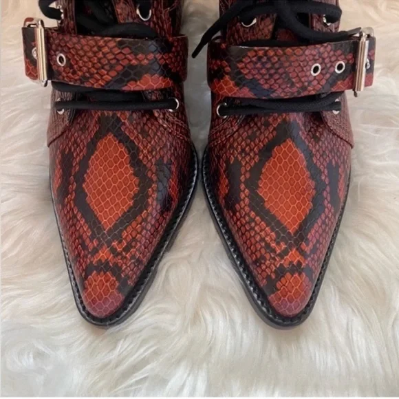 New! CHLOE Rylee Snake-Effect Leather Ankle Boots | Lace-Up Cutout Block Heel - Picture 13 of 16